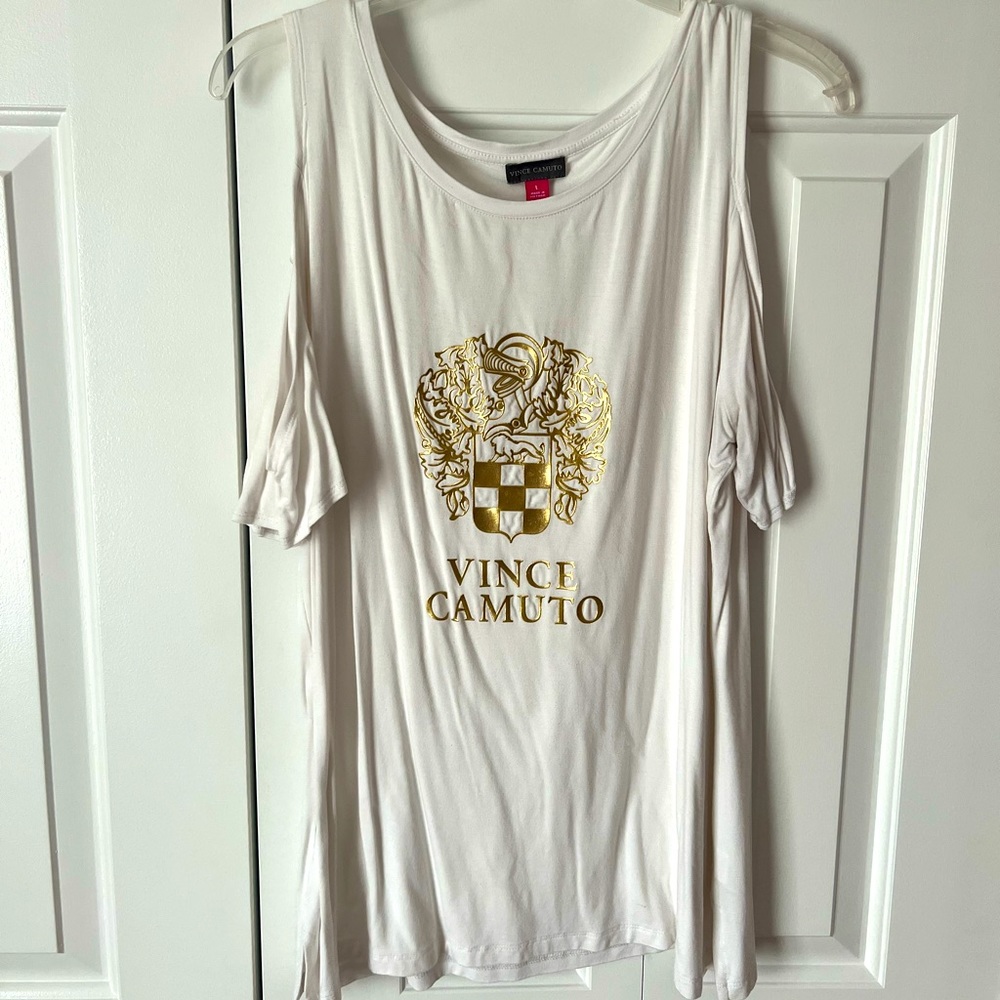 Vince Camuto cutout shoulder white shirt with branding name